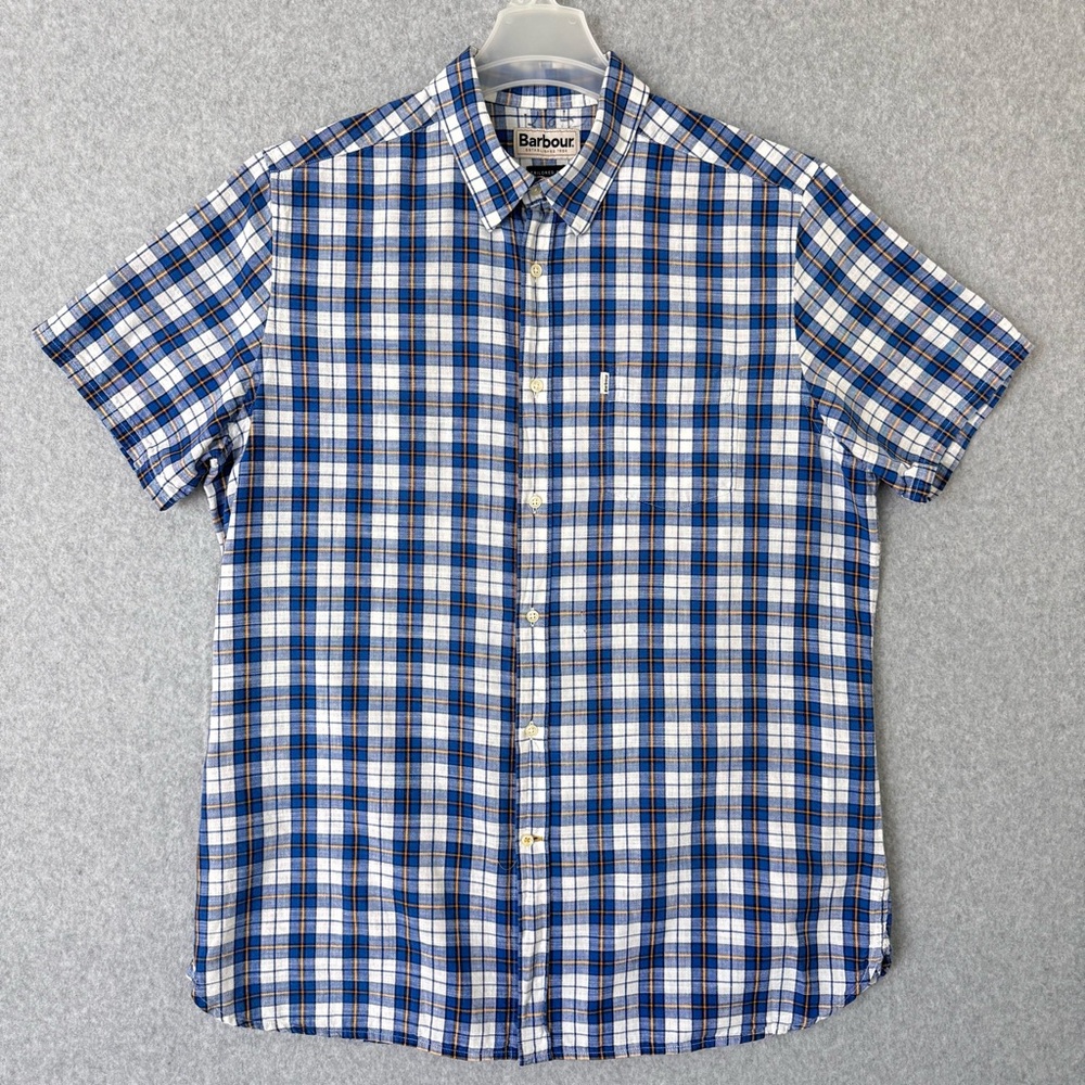 Barbour Shirt Mens Large Blue White Short Sleeve Button Up Sidmouth Casual READ